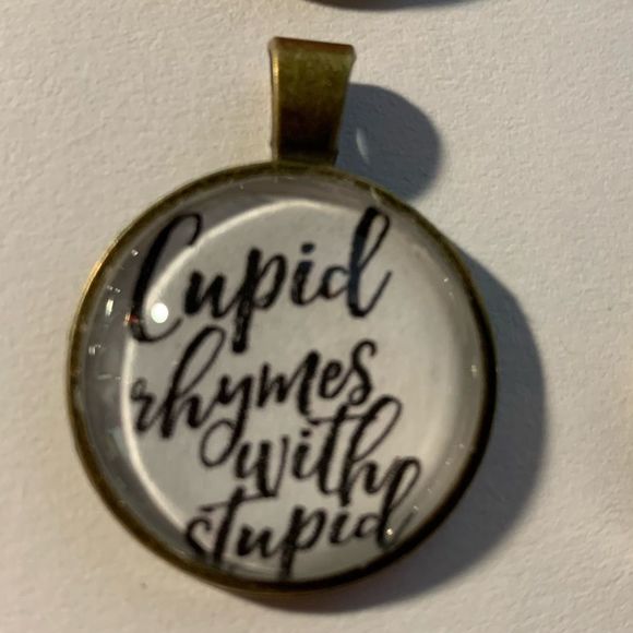 Cupid rhymes with Stupid -bronze-tone pendant on vegan leather cord NEW - Picture 2 of 2
